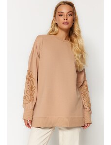 Trendyol Camel Casual Cut Sleeves Embroidered Knitted Sweatshirt