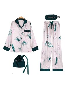 La Lolita Amsterdam ALISSON Σατέν υφής σετ πιτζάμες 4 τμχ με μακρυμάνικη πουκαμίσα με γιαπωνέζικο φλοράλ, παντελόνα, μάσκα ύπνου & πουγκί