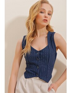 Trend Alaçatı Stili Γυναικείο Navy Blue Heart Collar Buttoned Ριγέ Γιλέκο