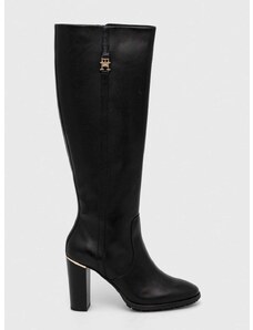 Δερμάτινες μπότες Tommy Hilfiger FEMININE TH HARDWARE LONGBOOT γυναικείες, χρώμα: μαύρο, FW0FW07541 F3FW0FW07541