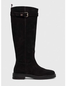 Μπότες σούετ Tommy Hilfiger ESSENTIAL NUBUCK BELT LONGBOOT γυναικείες, χρώμα: μαύρο, FW0FW07656 F3FW0FW07656