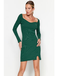 Trendyol πράσινο κοτλέ αγαπημένος λαιμός τοποθετείται μακριά μανίκια ελαστικό μίνι πλεκτό φόρεμα