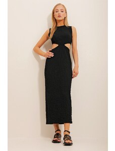Trend Alaçatı Stili Γυναικείο Μαύρο Outcut Cut, Self-textured Midi Length Dress