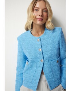 Happiness İstanbul Γυναικείο Sky Blue Buttoned Tweed Jacket
