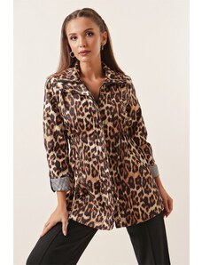 By Saygı Από την Saygı Leopard Pattern Sleeve Fold Trench Coat with Pockets Wide Size Range, Καφέ.