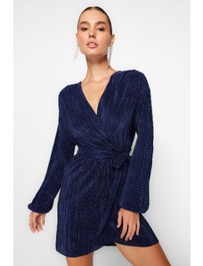 Trendyol Navy Blue Belted μέση/σκέιτερ Πλεκτό Φόδρα Πλισέ Κομψό βραδινό φόρεμα