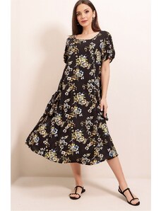 By Saygı Από Saygı Floral Pattern Ελαστική Τσέπη Oversized Βισκόζη Φόρεμα Μαύρο