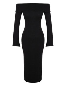 Trendyol Black Fitted/Sticky Carmen Collar Corsair Soft-Texture Midi, Ελαστικό Πλεκτό Φόρεμα