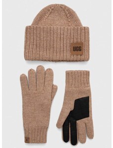 Καπέλο και γάντια από μαλλί UGG χρώμα: καφέ