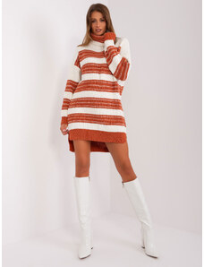 Fashionhunters Ecru - Dark Orange Knitted Turtleneck Dress