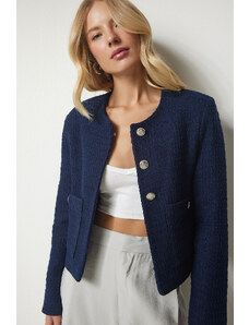 Happiness İstanbul Γυναικείο Navy Blue Buttoned Tweed Jacket