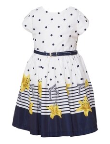 Restart Αμάνικο Φόρεμα για Κορίτσι σε Άσπρο-Μπλε Πουα και Ρίγα με Σχέδια Κίτρινα Λουλούδια και Μπλε Αποσπώμενη Ζώνη 23-8203