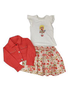 Restart Σετ για Κορίτσι Πολύχρωμη Φούστα με Λουλούδια και Ροζ Ζώνη Άσπρη Μπλούζα και Κοραλί Μπουφάν 23-9307