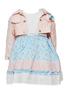 Restart Σετ για Κορίτσι Φόρεμα Άσπρο-Γαλάζιο-Ροζ με Ροζ Μπουφάν 23-9277