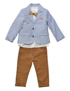 Restart Σετ για Αγόρι Καφέ Παντελόνι Άσπρο πουκάμισο με Διακριτικές Λεπτομέρειες Γαλάζιο Σακάκι και Ξύλινο Παπιγιόν 23-9200