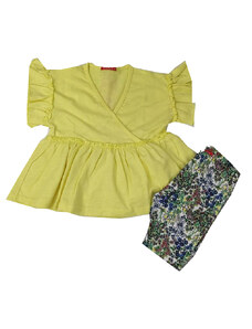 Domer Σετ για Κορίτσι Μακό Κοντό Παντελόνι Πράσινο με Λουλούδια και Κίτρινη Μπλούζα 3915