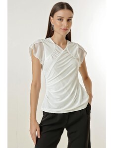 By Saygı Double Breasted Collar Sleeves Chiffon Ruffles Draped Lycra Blouse.