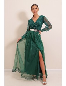 By Saygı από saygı Γιακά με διπλό στήθος Μακριά μανίκια με επένδυση ζώνης, φερμουάρ μακρύ φόρεμα Emerald