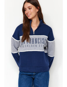 Trendyol Navy Blue Basic Printed Knitted Sweatshirt with Fleece Inside