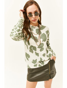 Olalook Γυναικείο Ecru Green Crew Neck Patterned Soft Textured Knitwear Πουλόβερ