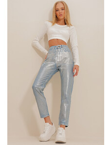 Trend Alaçatı Stili Γυναικείο Μπλε Ψηλόμεσο Αλουμινόχαρτο Επικαλυμμένο Mom Jeans