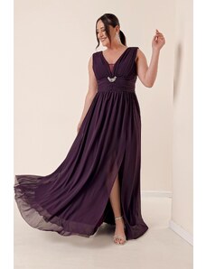 By Saygı Front Back V-Neck Stone Detailed Waist Draped Plus Size Chiffon Long Dress with a Front Slit Purple