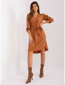 Fashionhunters Light brown plain dress with a triangle neckline RUE PARIS