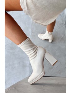 Joy Fashion House Melida μποτάκια κάλτσα με τετράγωνο τακούνι και φερμουάρ μπεζ