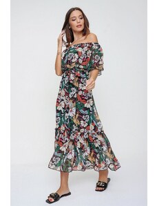 By Saygı Από Saygı Floral Pattern Frilled Σιφόνι φόρεμα Με Γιακά Frill Belted Μέση Πράσινο