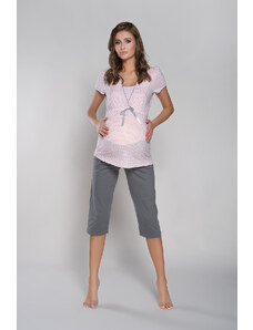 Italian Fashion Felicita Short Sleeve Pyjamas, 3/4 Pants - Apricot/Grey