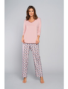 Italian Fashion Women's bamboo pyjamas, 3/4 sleeve, long legs - powder pink/print