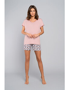 Italian Fashion Women's bamboo pajamas, short sleeves, short legs - powder pink/print