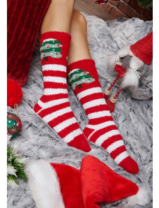 Comfort Κάλτσες γυναικείες χριστουγεννιάτικες φλις με έλατο - Κόκκινο