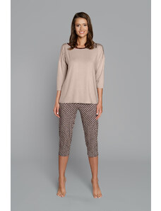 Italian Fashion Illusion women's pyjamas 3/4 sleeve, 3/4 legs - beige/print