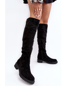 Kesi Embellished women's over-the-knee boots with flat heels, black Cintya