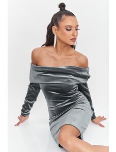 DeCoro Φόρεμα Mini Velvet Off Shoulder - ΓΚΡΙ