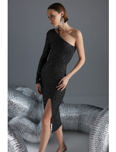 Trendyol ανθρακί-πολύχρωμο εφαρμοστό πλεκτό λαμπερό κομψό βραδινό φόρεμα