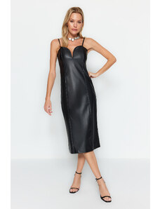 Trendyol Μαύρο Εφαρμοστό Faux Leather Βραδινό Φόρεμα
