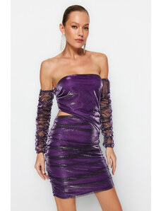 Trendyol Μωβ Εφαρμοστό Βραδινό Φόρεμα με Λαμπερό Παράθυρο/Cut Out Λεπτομερές Τούλι Βραδινό Φόρεμα