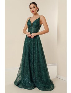By Saygı Από saygı Επενδεδυμένο με λουράκια σχοινιού, κέντημα Πούλιες Μακρύ φόρεμα με λεπτομέρεια από χάντρες Emerald