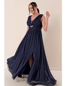 By Saygı Από Saygı Front Back V-Neck Stone Detailed Waist Draped Lined Plus Size Chiffon Long Dress with a Front Slit Navy Blue.
