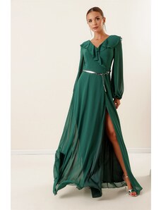 By Saygı Από Saygı Σμαραγδένιο πράσινο σιφόνι μακρύ φόρεμα με μανίκια μπαλόνι flounce και ζώνη
