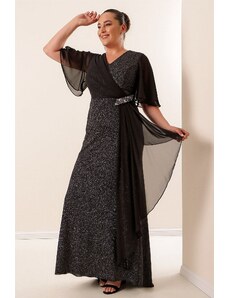 By Saygı από saygı plus size glittery μακρύ φόρεμα με μανίκια σιφόν και πέτρινα αξεσουάρ με επένδυση wide size range saks.
