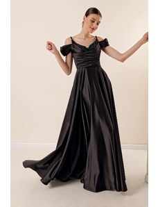 By Saygı από saygı λουράκι σχοινιού χαμηλό μανίκι πέτρα λεπτομερής μπροστά ντραπέ φόδρα μακρύ σατέν βραδινό φόρεμα μαύρο
