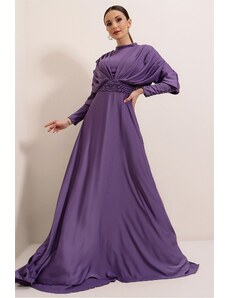 By Saygı Front Back Collected Sleeves Button Detailed Lined Long Satin Dress