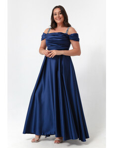 Lafaba Γυναικεία Navy Blue Stone Strap Draped Plus Size Μακρύ Βραδινό Φόρεμα
