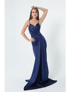 Lafaba Γυναικεία Navy Blue Τιράντες Μακρύ Σατέν Βραδινό φόρεμα &; Prom φόρεμα