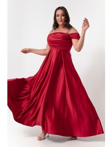 Lafaba Γυναικεία Μπορντό Πέτρα Λουράκι Ντραπέ Plus Size Μακρύ Βραδινό Φόρεμα