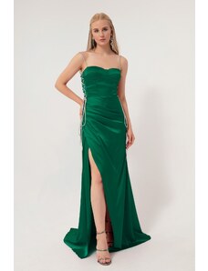 Lafaba Γυναικείο σμαραγδένιο πράσινο στράπλες μακρύ σατέν βραδινό φόρεμα.