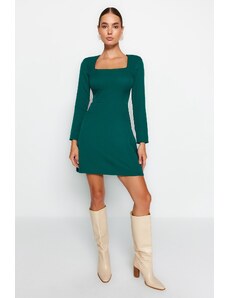 Trendyol Σμαραγδένιο πράσινο τετράγωνο λαιμό μίνι υφαντό υφαντό φόρεμα